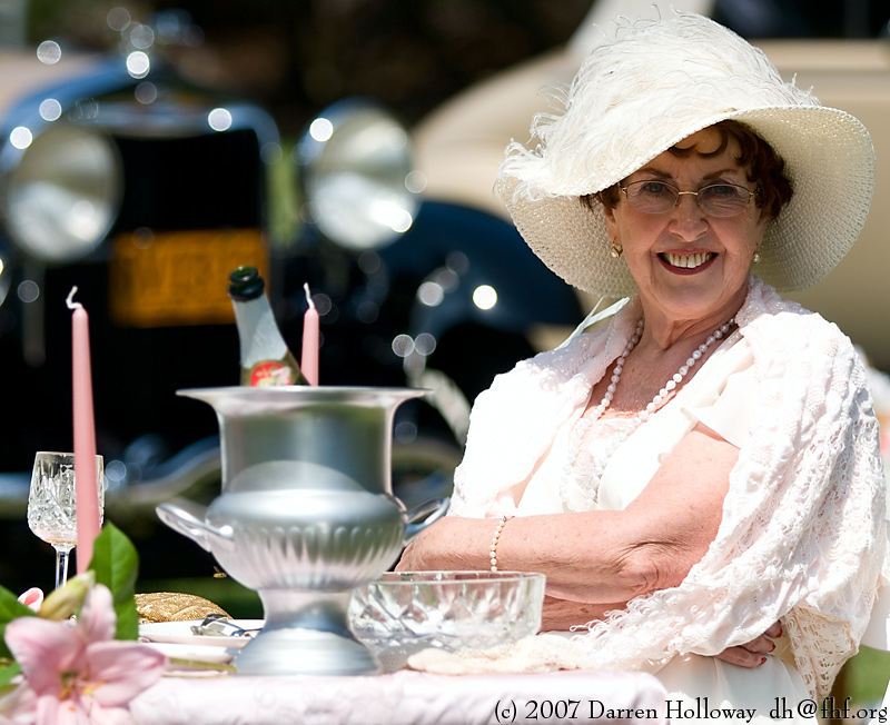 Person dressed in vintage 1930 attire at the Art Deco Society of California Gatsby Afternoon Picnic