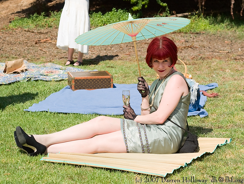 Person dressed in vintage 1930 attire at the Art Deco Society of California Gatsby Afternoon Picnic
