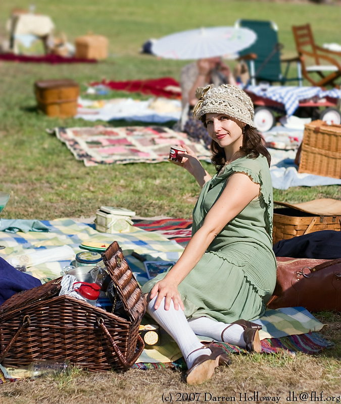 Person dressed in vintage 1930 attire at the Art Deco Society of California Gatsby Afternoon Picnic