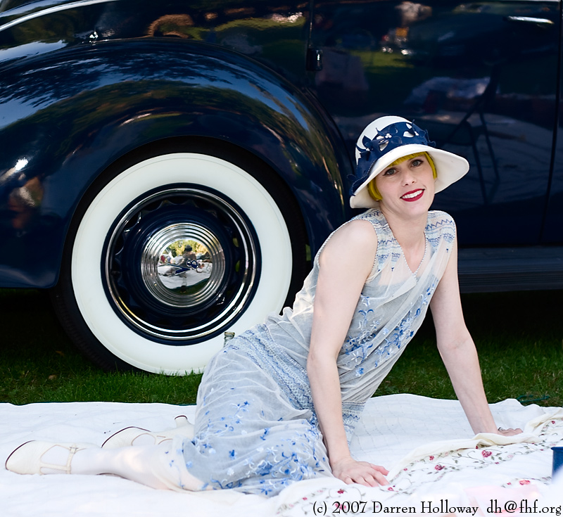 Person dressed in vintage 1930 attire at the Art Deco Society of California Gatsby Afternoon Picnic